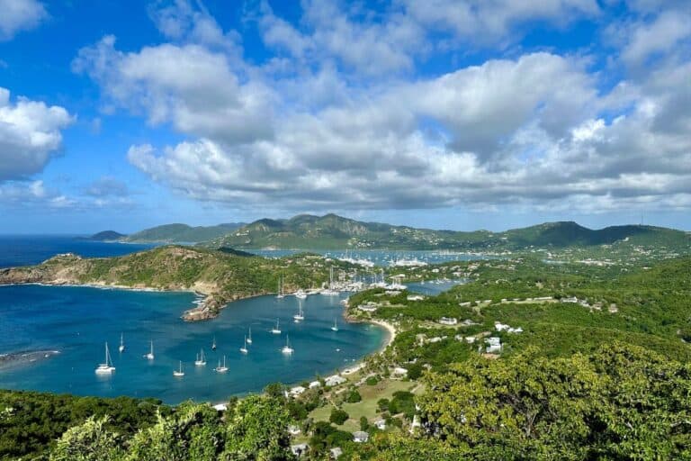 View of Nelsons Dockyard in Antigua from Shirley Heights with the yachts safe at anchor