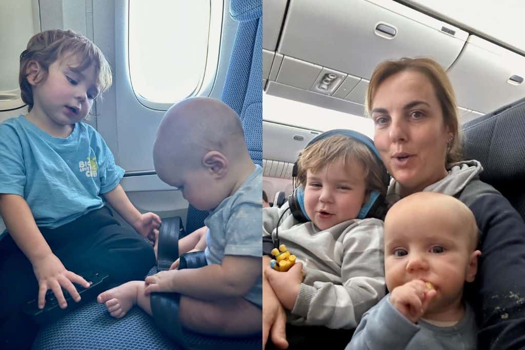 Baby and toddler with their mum on a flight to Antigua