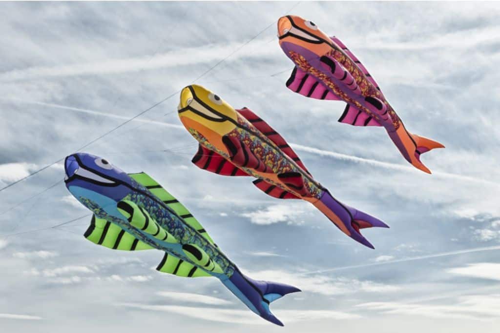 Three fish kites flying in the sky at the International Kite Festival in Antigua at Devil's Bridge