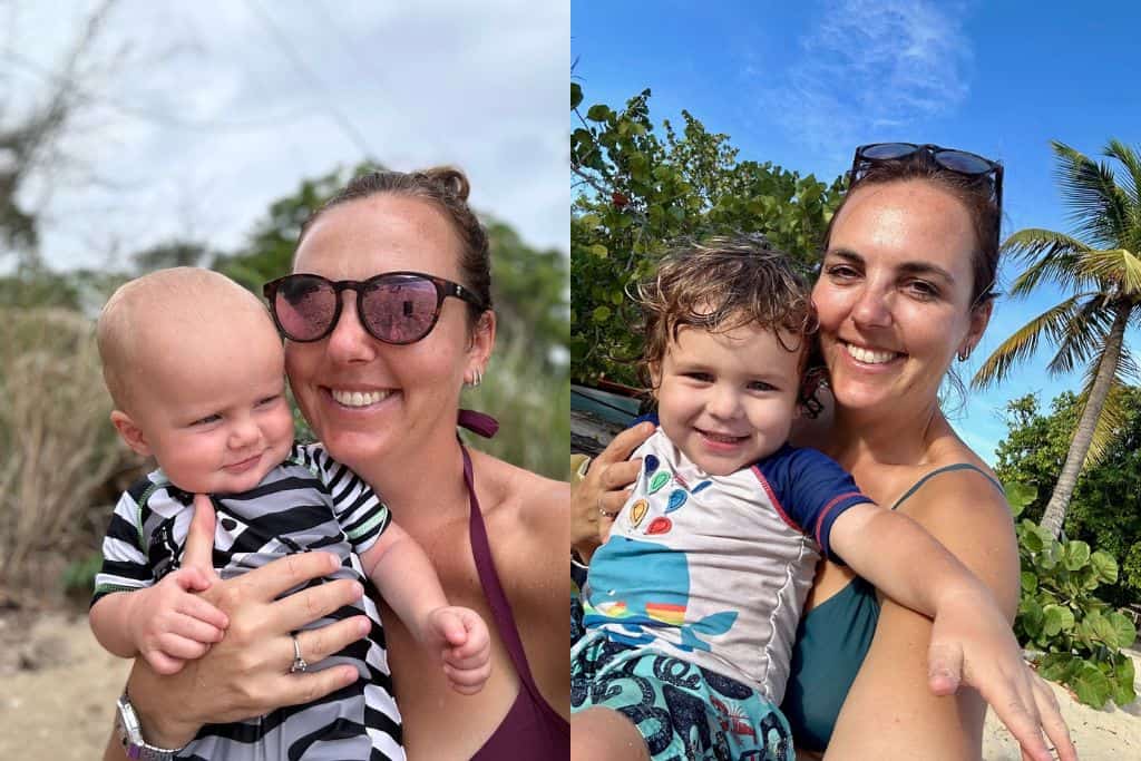 Mum with her baby and toddler on a beach in Antigua