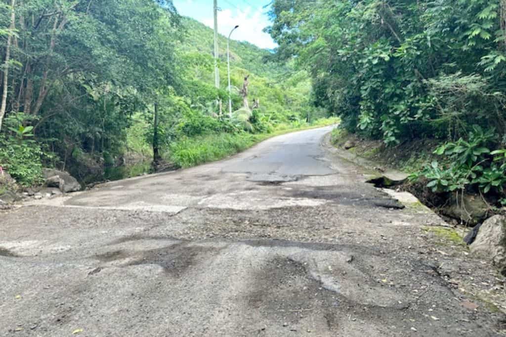bumpy road with potholes going through the rainforest in Antigua