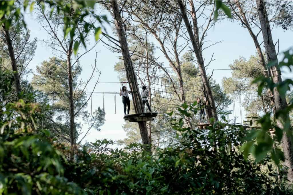 There are trees and in the middle of them is a platform with two people stood on it with rope bridges either side.  This is the Adventure Park in Lisbon with is one of the great things to do with kids.