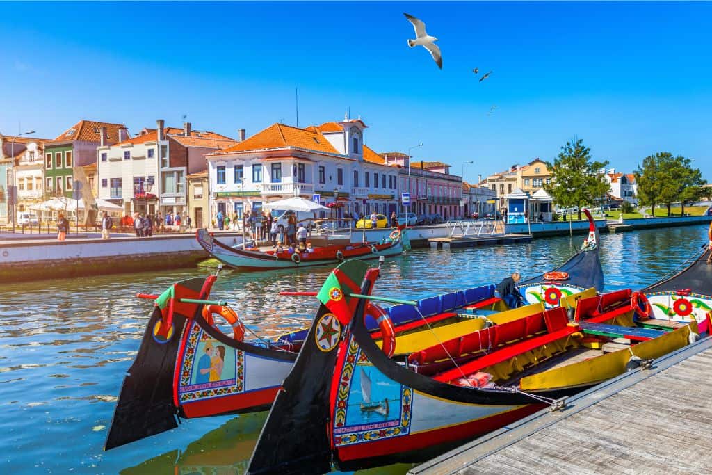 Two multicoloured moliceiro boats sat in the water in Aveiro in Portugal which is like their version of Venice.