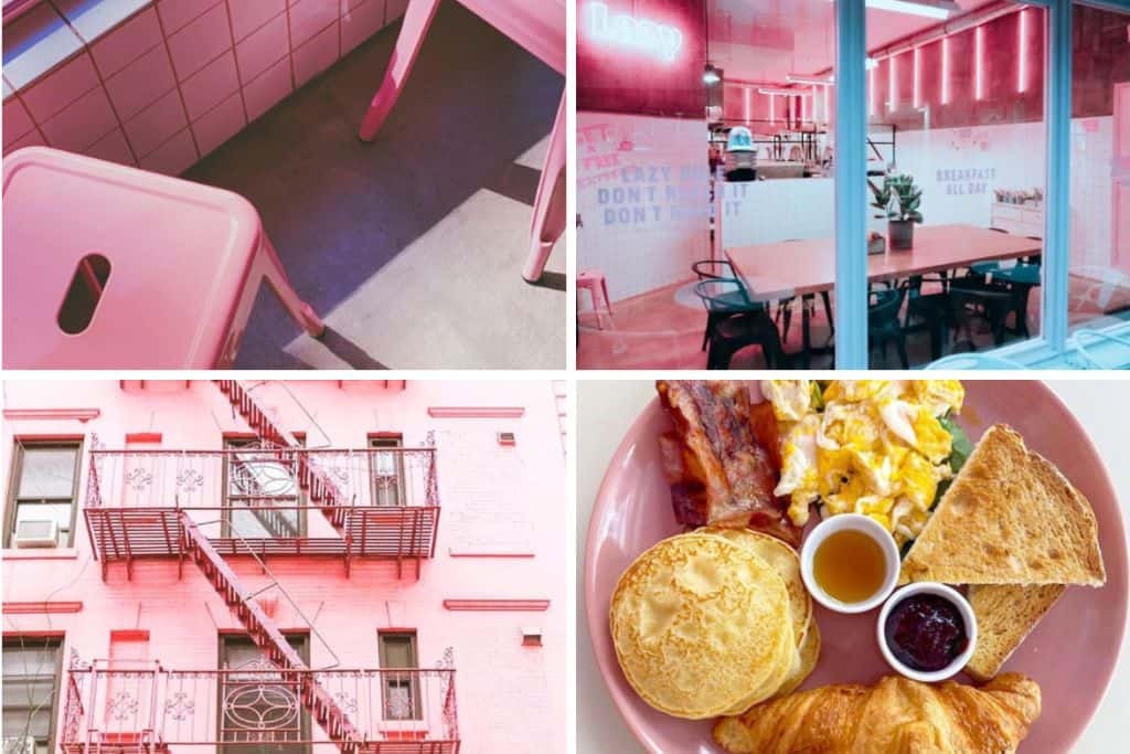 Seletion of photos from the include of Lazy Breakfast club, bottom right is a plate of breakfast, bottom left is the pink exterior of the building with fire ecapes.  Top two images are the interior in pink. This has one of the best breakfast in Porto Portugal.