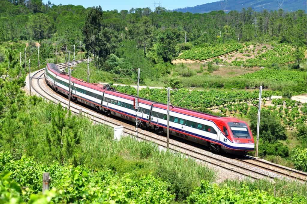 An image of the Alfa Pendular Train Service going through lush green fields with bushes either side.  This is the train that you would take on a day trip to Porto from Lisbon.