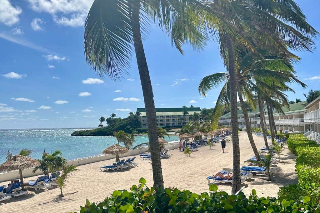 A view of one of the two beaches at St James Club and Villas in Antigua.  There are sun loungers on the beach with natural palm frond parasols above them.  There are some palm trees at the foreground too.