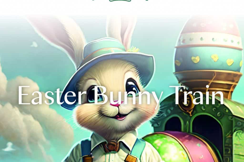 In the centre of the picture is a cartoon white rabbit wearing a green hat with its ears poking through. The rabbit is also wearing a shirt and tie and some suspenders to hold their trousers up. Behind the rabbit is the front of a train with an Easter egg on it. The poster has been used to advertise the activities at Watercress Link in Hampshire this Easter.
