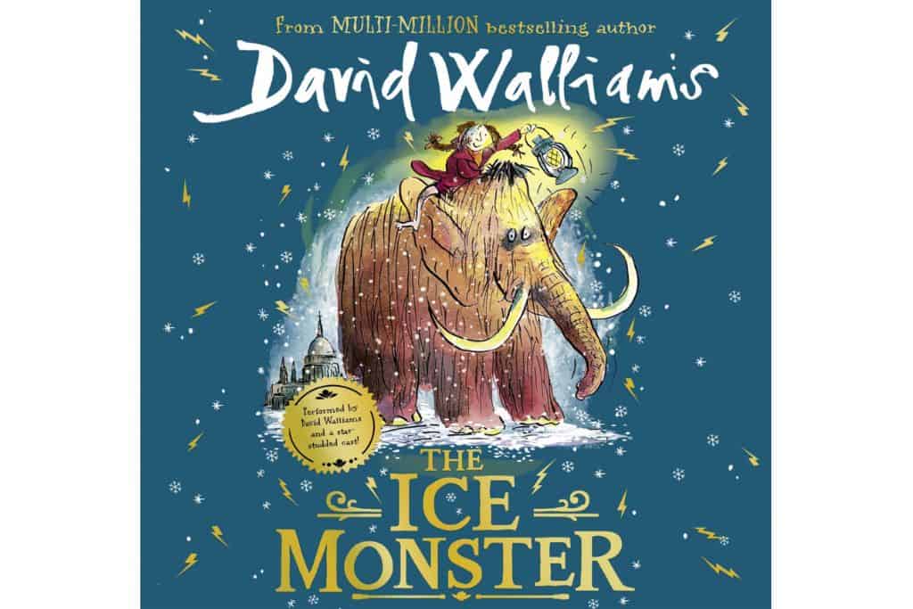 The cover of The Ice Monster with a wolly mammouth on the front of it, with a little girl on top of the mammoth holding a latern.  This is one of the best audiobooks for family road trips.