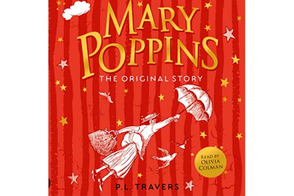 Mary Poppins audiobook cover with a white drawing on the cover of Mary as she flies through the air with her umbrella.