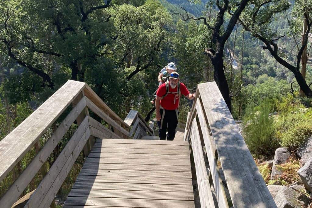 A man in a read t-shirt is walking up some large wooden steps towards the camera with a backpack on.  In the backpack is his son and they are on the Paiva walkways hike in Portugal. 