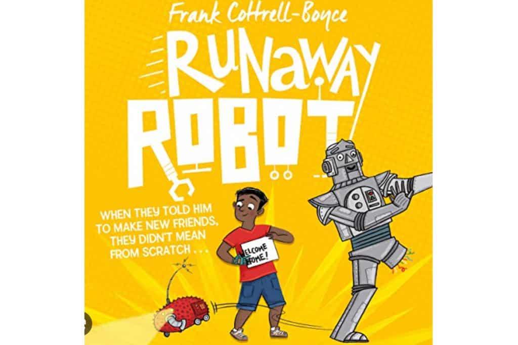 The cover of Runaway Robot which has a yellow background. On the cover is a young boy in a red t-shirt and denim shorts.  To the right of him s a robot.