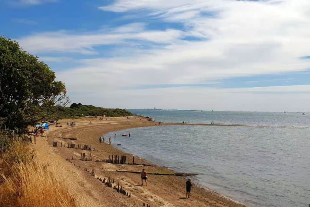 There is a beach  on the left with shingle and sand and along it are wooden groynes holding the sand in place next to where the sea is.  There are some clouds in the blue sky and some green grass and tree on the left.  This is Lepe Beach which is one of the sany beaches in Hampshire.
