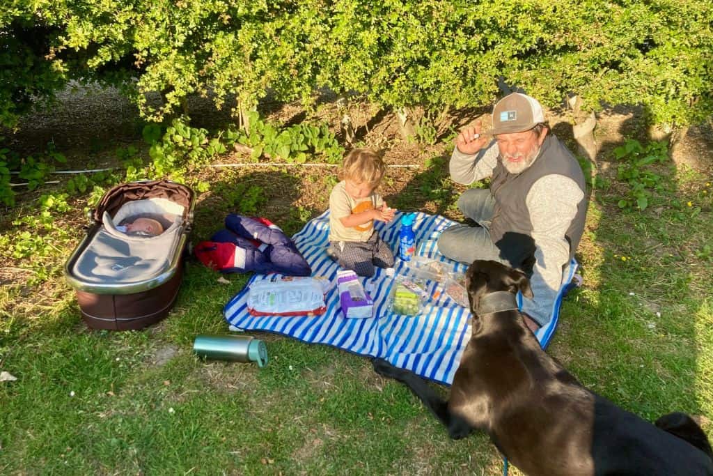 A man in a fleece and baseball cap is sat on the grass at a campsite. Next to him is a picnic blanket and his young son is sat on it eating a picnic. Nect to them is a baby in a bassinet that is asleep. In the foreground is a big black dog. 
