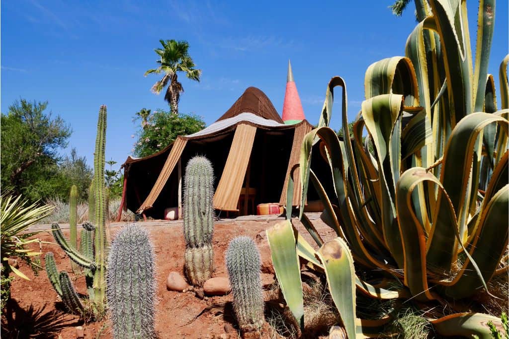In the front and edges of the image as some cactus plants.  In the middles is a bedouin style tent surrounded by more cactus plants. This is the Anima Gardens in Marrakech.
