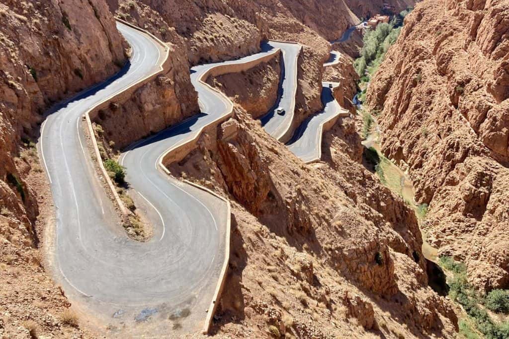 This is a photo taken from above the main road in the Dades Valley in Morocco.  The road is famous for the number of switch backs it has.