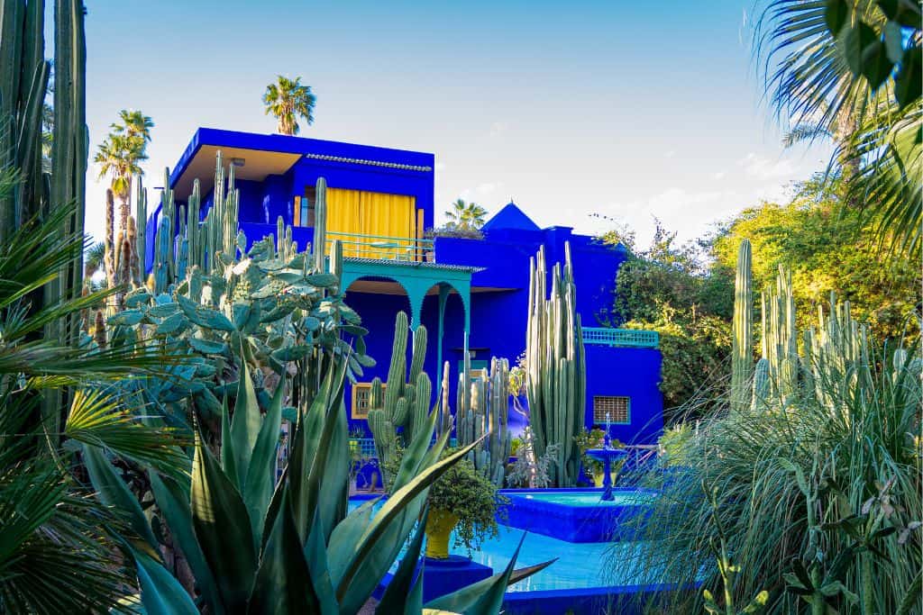 An image of a formal garden which has aloe vera and cactus plants in the foreground. Behind the plants is the blue two story building with yellow curtains. This is the Majorelle Gardens in Marrakech.
