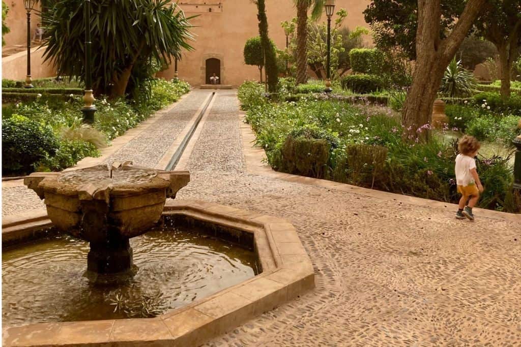 These are the Rabat Andalusian Gardens with the green citrus trees and a small fountain in the middle of a cross roads in the path. On the right is a little boy in white shorts and t-shirt running out of the image. 