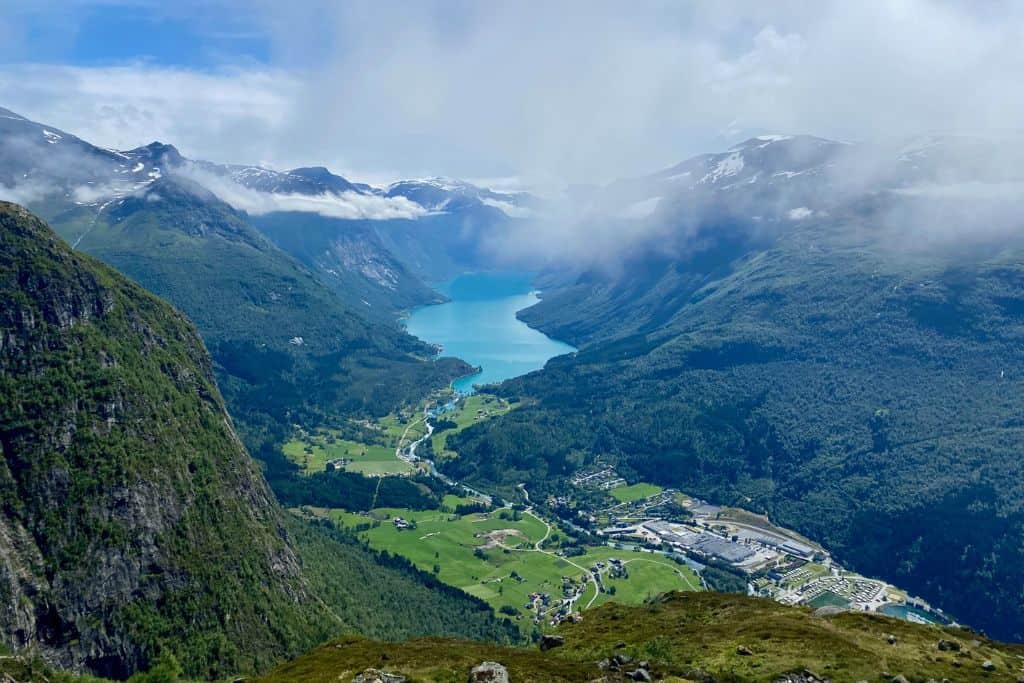 This is the view from the top of the Loen Skylift looking out over Loen Lake. Taking the gondola up to the top of the mountain is one of the best things to do in Olden.