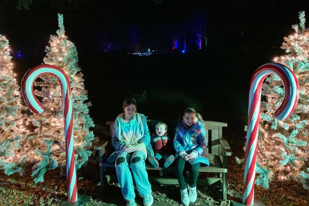 There are three children sat on a bench at night time. Either side of them are Christmas trees lit up with large lit up candy canes on them. This is  Marwell Glow which is their Christmas event.